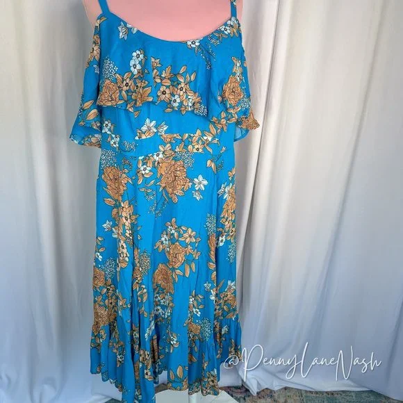 Torrid Plus Mini Gauze Cold Shoulder Skater Dress Blue Floral - Picture 2 of 11